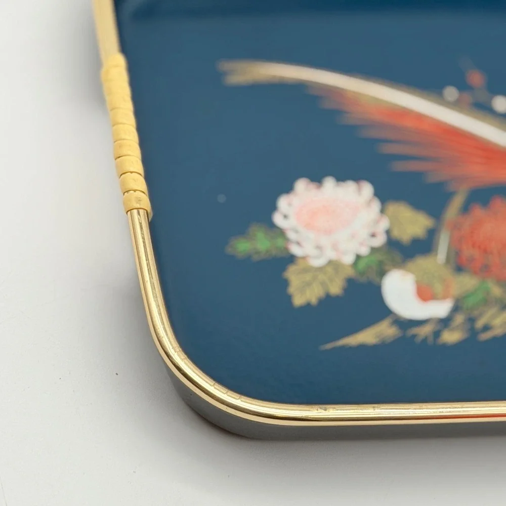 Vintage Navy Blue Metal Serving Tray Pheasant Floral Gold Rim Bamboo Handles